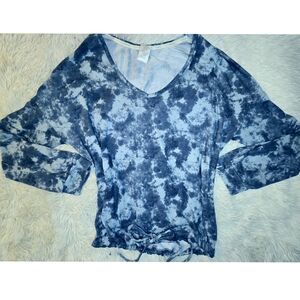 Blue and White Tie-Front Blouse with Bell Sleeves